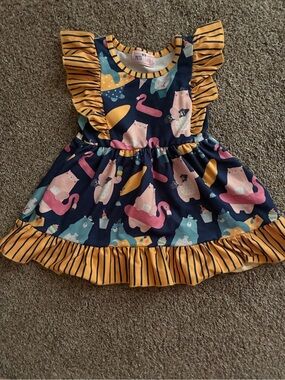 Pete + Lucy Navy Dress with Mustard Stripe Ruffles and Animal Float Print
